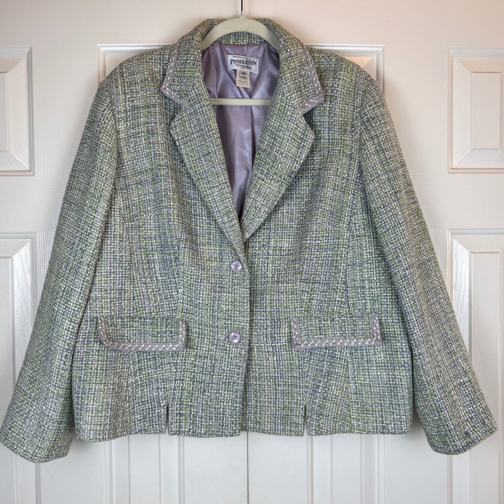 Vintage Pendleton Plus 100% Silk Tweed Blazer Jacket Green Lavender 16W